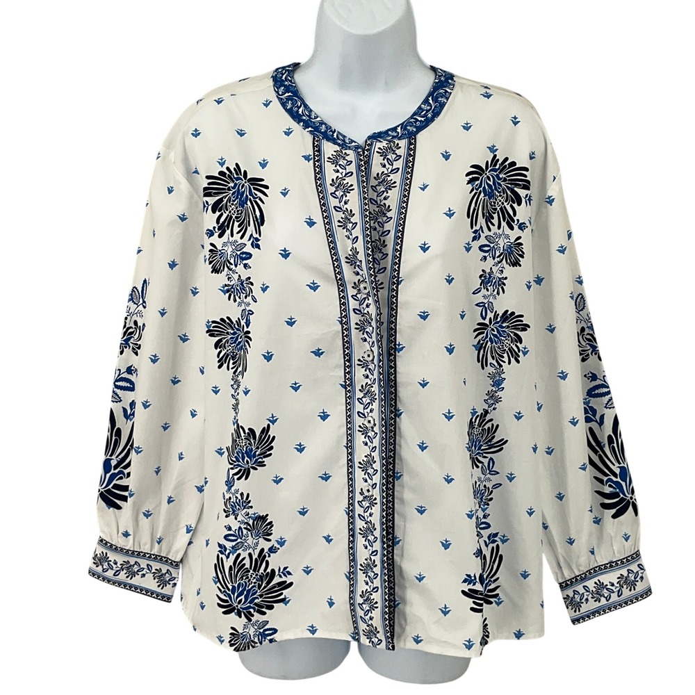 Talbots Blouse Womens PM Blue Cotton Floral Block Print Boho Coastal Airy NEW